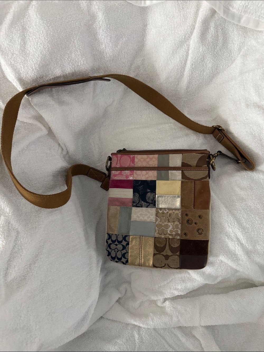 Coach Patchwork Multi-Panel Crossbody in Brown, Pink, Navy